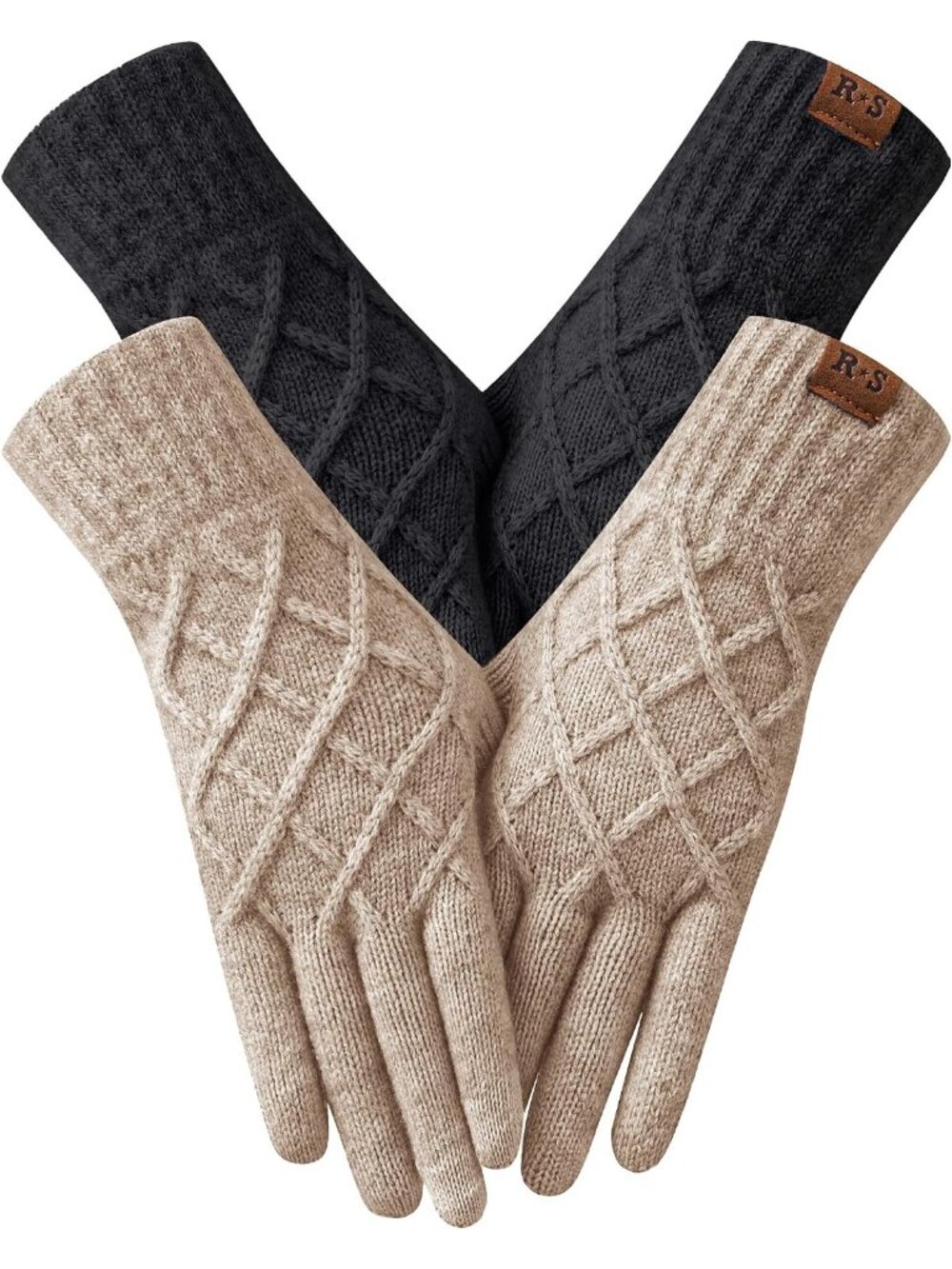 2 Pairs Women's Black khaki Touchscreen Elastic Thermal knit Lining Warm Gloves